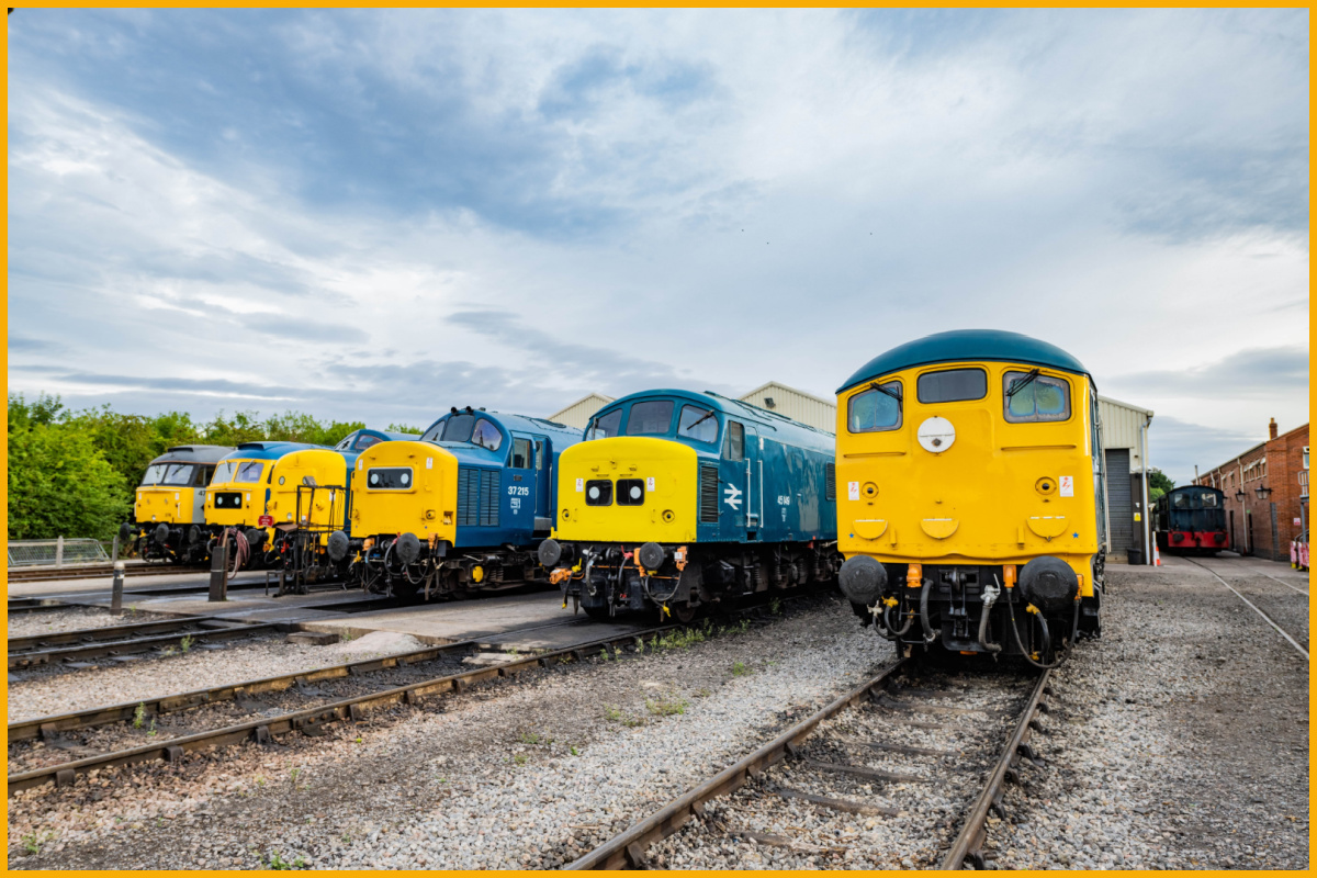 Diesel locomotives of British Rail lined up on shed at Toddington photographed by Jack Boskett